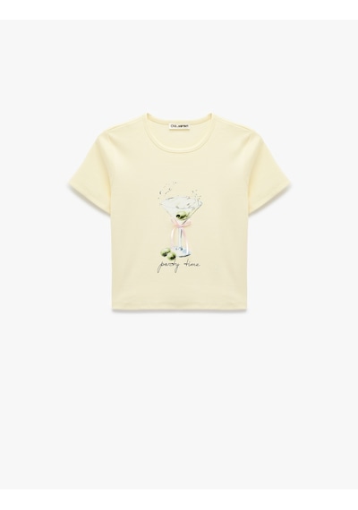 Koton Slim Fit Kısa Kollu Bisiklet Yaka Baskılı Fiyonklu Tişört Sarı 6sal10103ık Sarı