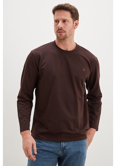 Fullamoda Baskılı Bisiklet Yaka Sweatshirt Kahve