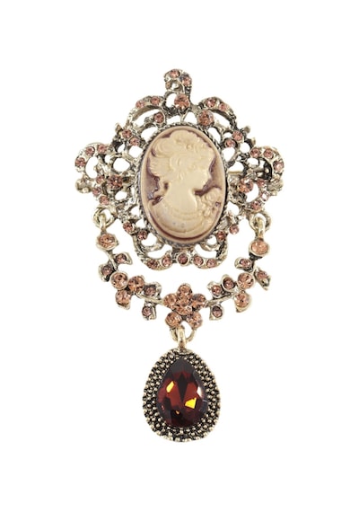Kameo Vintage Broş, Garnet Kristal Taşlı Sallantılı Eskitme Bronz Renkli Kadın Yaka İğnesi Çok renkli