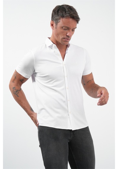 İmza Beyaz İtalyan Yaka Kısa Kol Cepsiz Slim Fit Pamuklu Gömlek 1004260158
