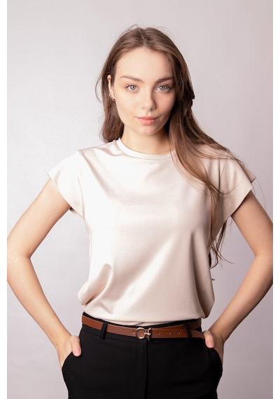 Kadın İpeksi Kumaş Geniş Sıfır Yaka Kısa Kol Tshirt Bluz-bej Bej Kadın İpeksi Kumaş Geniş Sıfır Yaka Kısa Kol Tshirt Bluz-bej Bej