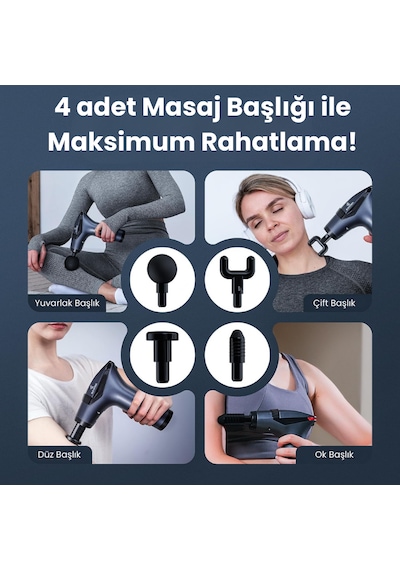 Profesyonel Dijital Ekranlı Çok Fonksiyonlu 3ın1 Şarjlı Kas Gevşetici Masaj Tabancası Gri