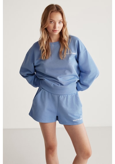 Grımelange Jennıfer Kadın Organik Pamuklu Nakışlı Yuvarlak Yakalı Oversize Mavi Sweatshirt