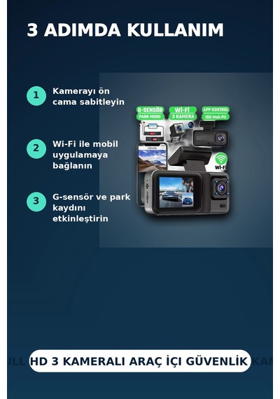 1080p Full Hd 3 Kameralı Araç İçi Kayıt Kamerası Seti Wi-fi Ve Park Modu Özellikli