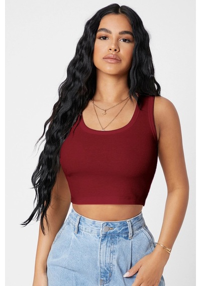 Angbutik Kadın Bordo Kare Yaka Crop Top Bluz