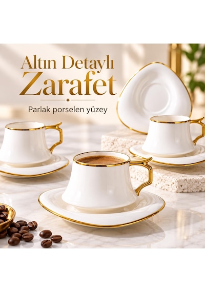 Valkyrie Asalet Serisi 6 Kişilik 12 Parça Kahve Fincanı Takımı Gold Detaylı Porselen Fincan Seti Beyaz Altın