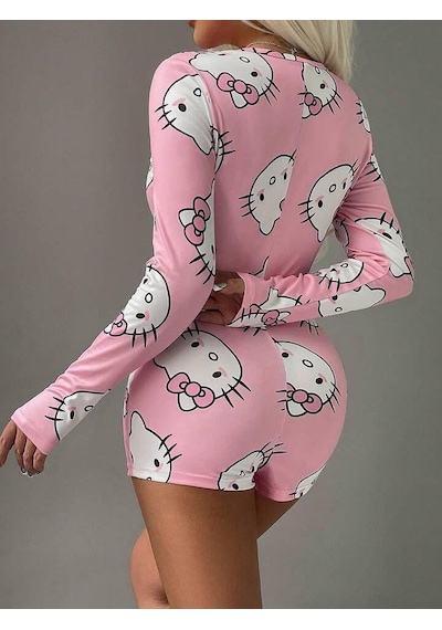 Pamuklu Pembe Hello Kitty Desenli Düğmeli Uzun Kol Tulum Pijama