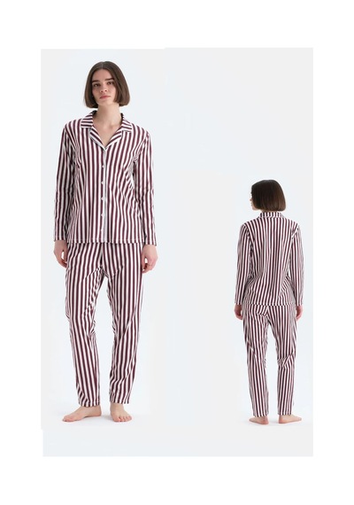Eros 33600 Kadın Bordo Uzun Kollu Önden Düğmeli Pijama Takımı Bordo