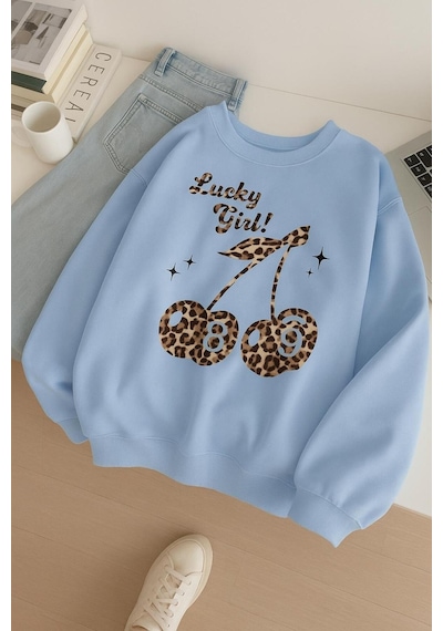 Benroma 3 İplik Penye Lucky Girl Baskılı Unisex Sweatshırt Bebe Mavisi