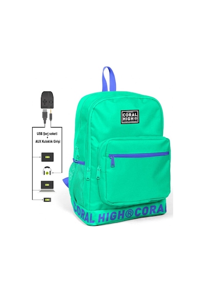 Coral High Logo Nakışlı Yeşil Ortaokul. Lise ve Günlük Sırt Çanta