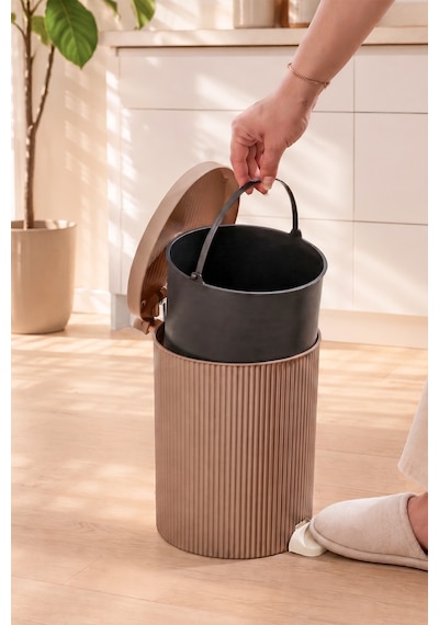Porsima 0709-2 Stil 3lü Yuvarlak Pedallı İçi Kovalı Çöp Kovası Seti - Banyo Mutfak Çöp Kovası Takımı Mokka Açık Kahverengi