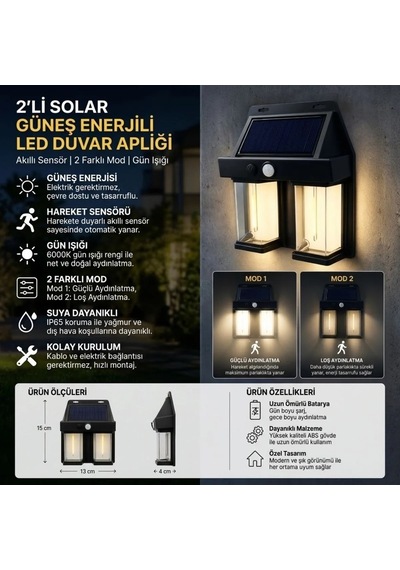 2&amp 39 Li Solar Güneş Enerjili Led Duvar Apliği, Hareket Sensörlü, Şarjlı, Kablosuz Dış Mekân Bah 32198617