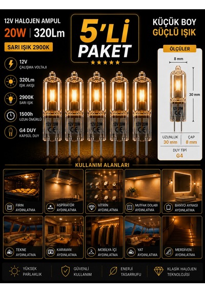 5 Adet Osaka 12volt 20w Sarı Işık G4 Duylu Dim Edilebilir Halojen Kapsül Ampul