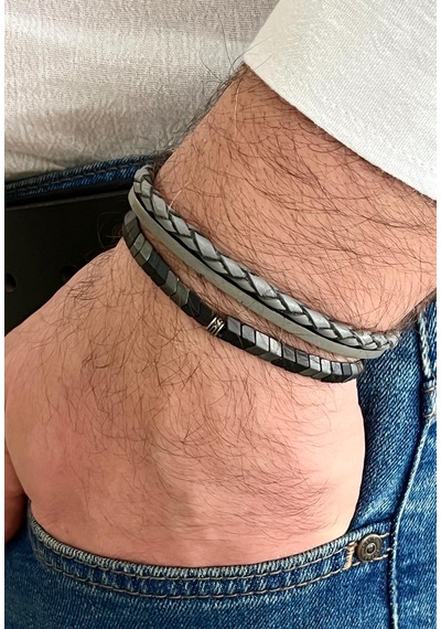 Gri Renk %100 Deri&hematit 3l3 Kombin Erkek Bileklik Set 21 Cm Türk El Üretimi Gri