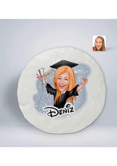 Bk Gift Kişiye Özel İsimli Kadın Mezun Karikatürlü Yuvarlak Araç Koltuk Yastığı-1 Çok Renkli