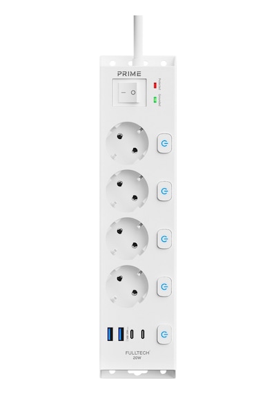 Fulltech Ftr-33 Akım Korumalı 4 Lü Çoklu Priz 3680w 16a, 1050j, 2 Usb-c Pd 20w + 2 Usb-a, Ayrı Ana 2 M