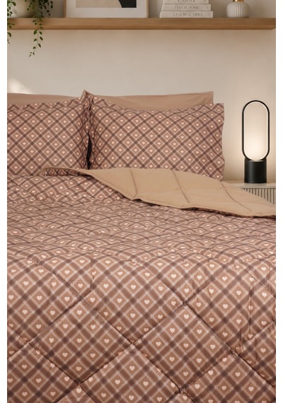 Heart Luxe Çift Kişilik Kalp Desenli Premium Uyku Seti Çeyiz Seti Çeyiz Takımı Lastikli Çarşaflı %100 Pamuk Kahverengi