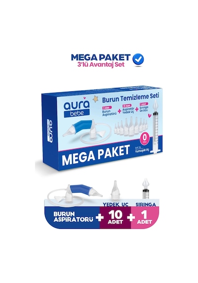 Mega Paket Bebek Burun Temizleme Aspiratörü 10 Yedek Uç ve Burun Temizleme Şırıngası