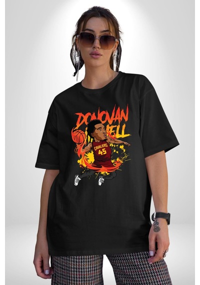 Donovan Mitchell Basketbol Karikatür Pamuklu Bisiklet Yaka Unisex Oversize Boyfriend Dijital Baskılı Siyah T-shirt Siyah