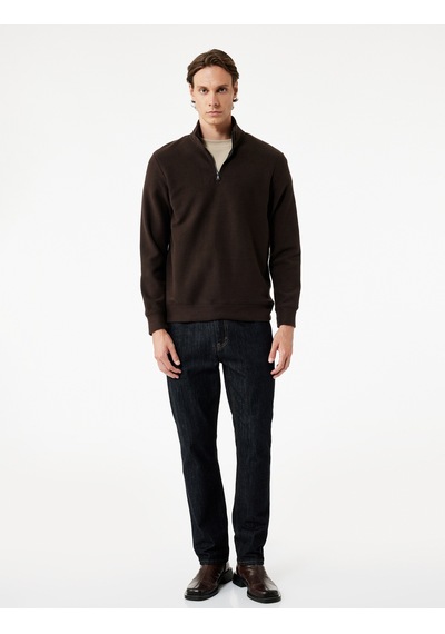 Koton Uzun Kollu Ribanalı Yarım Fermuarlı Sweatshirt Kahverengi 6wam70096mk Kahve