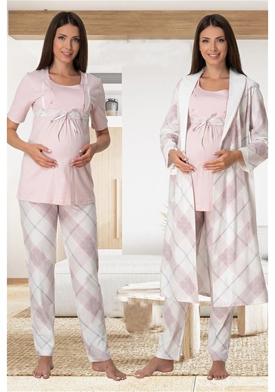Effortt Dvina Lohusa Hamile Çizgili Sabahlıklı Ve Kısa Kollu Pijama Takımı -3'lü Set - Pembe Pembe