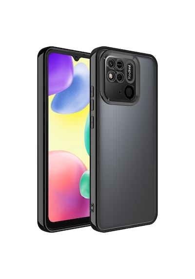 Fibaks Redmi 10c/poco C40 Uyumlu Kılıf Kamera Lens Korumalı Şeffaf Renkli Logo Gösteren Parlak Kapak Siyah