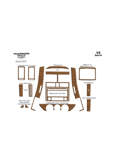 Volkswagen Polo Uyumlu Torpido Kaplama 2005-2009 15 Parça Açık Meşe