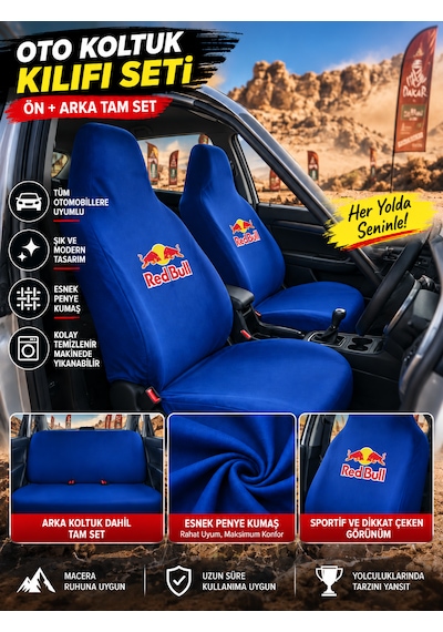 Oto Koltuk Kılıfı Universal Esnek Penye Kumaş Redbull Temalı Mavi Renk 1 Takım