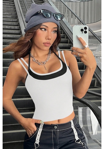 Angbutik Kadın Siyah Beyaz Çift Renk Çapraz Askılı Crop Top Bluz