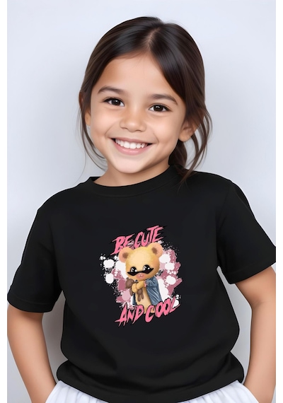 Panios Kids And Cool Baskılı Kız Çocuk Kısa Kollu T-shirt Siyah
