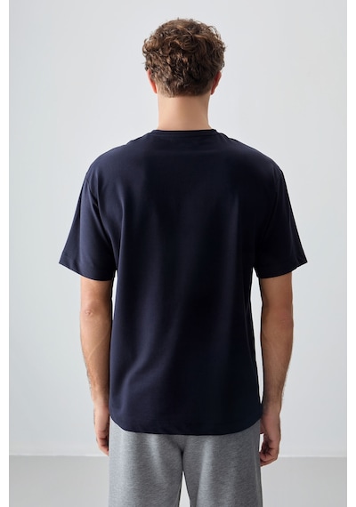 Air Jones Tommy Life Lacivert Pamuklu Kalın Yumuşak Dokulu Oversize Fit Basic Erkek T-shirt - 88378 Lacivert