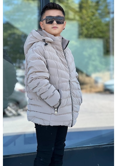 Pina Kids Erkek Çocuk Çıkarılabilir Kapüşonlu Sık Dikişli Nova Kumaş Kışlık Şişme Mont Km4016 Bej