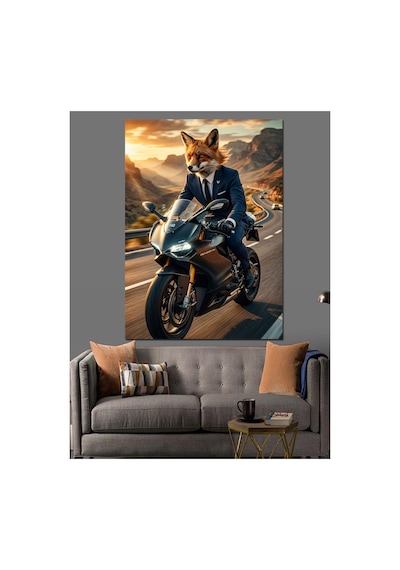 Motosiklet Süren Karizmatik Tilki Portresi Yağlı Boya Dokulu Kanvas Tablo Canvas Tablosu