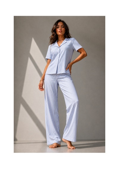 Fit Women Kadın Klasik Doğal Düğme Gece Mavi Pijama Takımı
