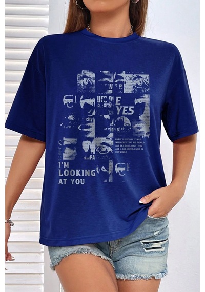 Uyguntarz Unisex Looking Baskılı Oversize Tshirt Mavi