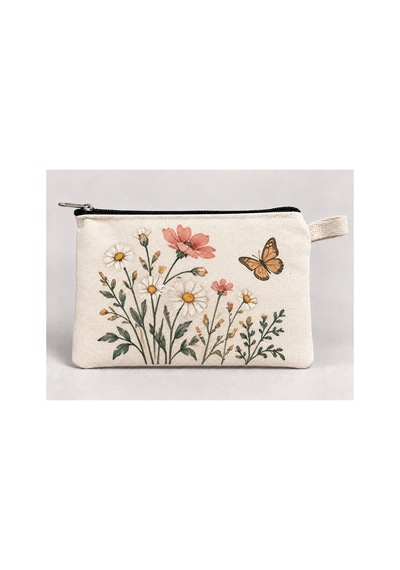 Kelebekli Kır Çiçekleri Baskılı Fermuarlı Kalemlik 20x10 Cm Kalem Kutusu Model 01303 Çok Renkli