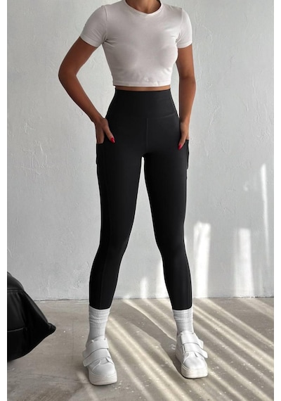 Balenbi Haute Kadın Yüksek Bel Toparlayıcı Çift Cepli Leggings Fitness Tayt 1092 Siyah
