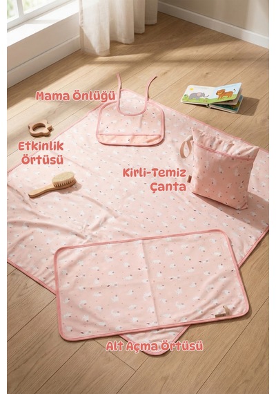 Sıvı Geçirmez 4’lü Bebek Çocuk Alt Açma Etkinlik Örtüsü Çanta Mama Önlük Aktivite Seti Pastel