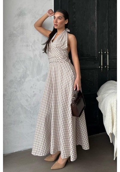 Madmext Bej Ekoseli Midi Boy Kadın Elbise Mg2350 Bej