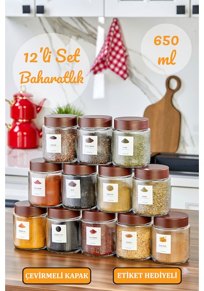 12'li Çizgili Kalın Cam Kavanoz Baharatlık Bakliyat Saklama Kavanozu Seti 650 Ml Şeffaf