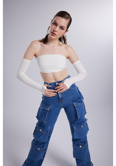 Holly Lolly Yüksek Bel Wide Leg Cargo Jean Pantolon Mavi