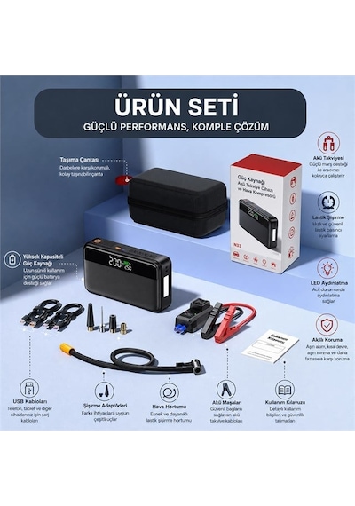 Powermaster N33 Lastik Hava Kompresörlü Akü Takviye Cihazı 65w Fast Powerbank Diğer