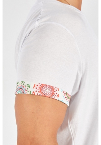 Peraluna Kol Ucu Desenli Uzun Beyaz Pamuklu Erkek T-Shirt-Beyaz