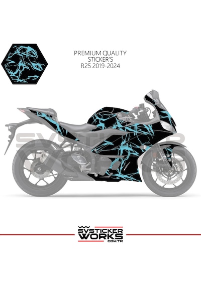 Yamaha R25 2019-2024 Kaplama Sticker Şimşek Yıldırım Motor Kaplama Modeli Hazır Kit 2019 / 2023 Uyumlu Mavi