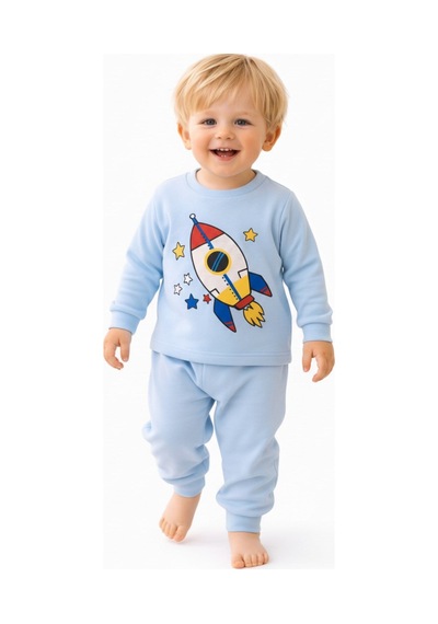 Aden Kids Mevsimlik Pamuklu Kumaş Karikatürlü Çocuk Pijama Takımı Mavi