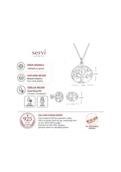 Servi 925 Ayar Gümüş Minimal Hayat Ağacı Kolye Ve Küpe Seti-332