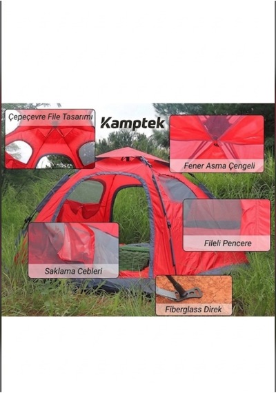 Kamptek 6 Kişilik Su Geçirmez Otomatik Kamp Çadırı - Çift Kapılı Taşıma Çantalı Kırmızı