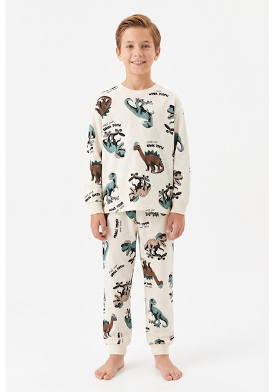 Bunny Hopp Erkek Çocuk Uzun Kollu Pijama Takımı %100 Pamuk Ekru Dinamik Dinozor Desenli Penye Bunny Hopp Erkek Çocuk Uzun Kollu Pijama Takımı %100 Pamuk Ekru Dinamik Dinozor Desenli Penye