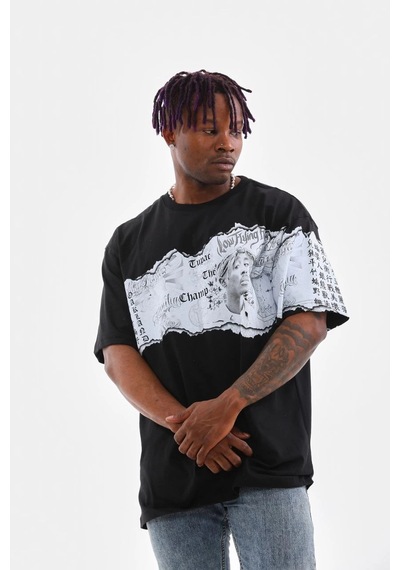 Ertaştrendstore Erkek Bisiklet Yaka Baskılı Oversize T-shirt - Siyah Çok Renk