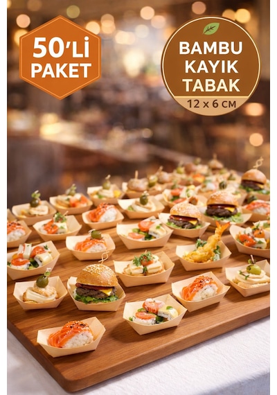 50'li Pkt Mini Bambu Kayık Tadım Tabağı 12x6 Cm Kokteyl Sunum Tabağı Catering Parti Servis Tabak